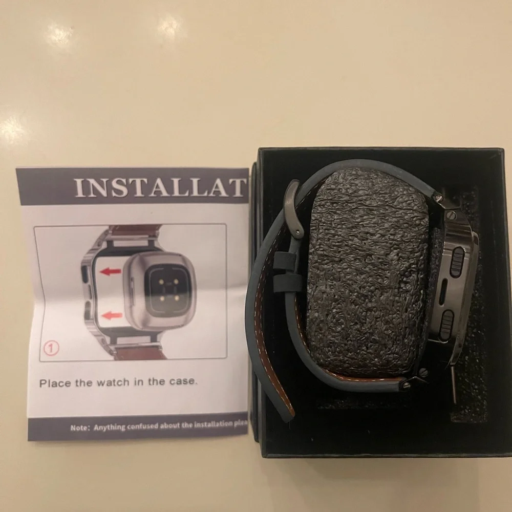 Leather Bands with Stainless Steel Case for Fitbit Versa 1 2 3 4 Lite Sense 2